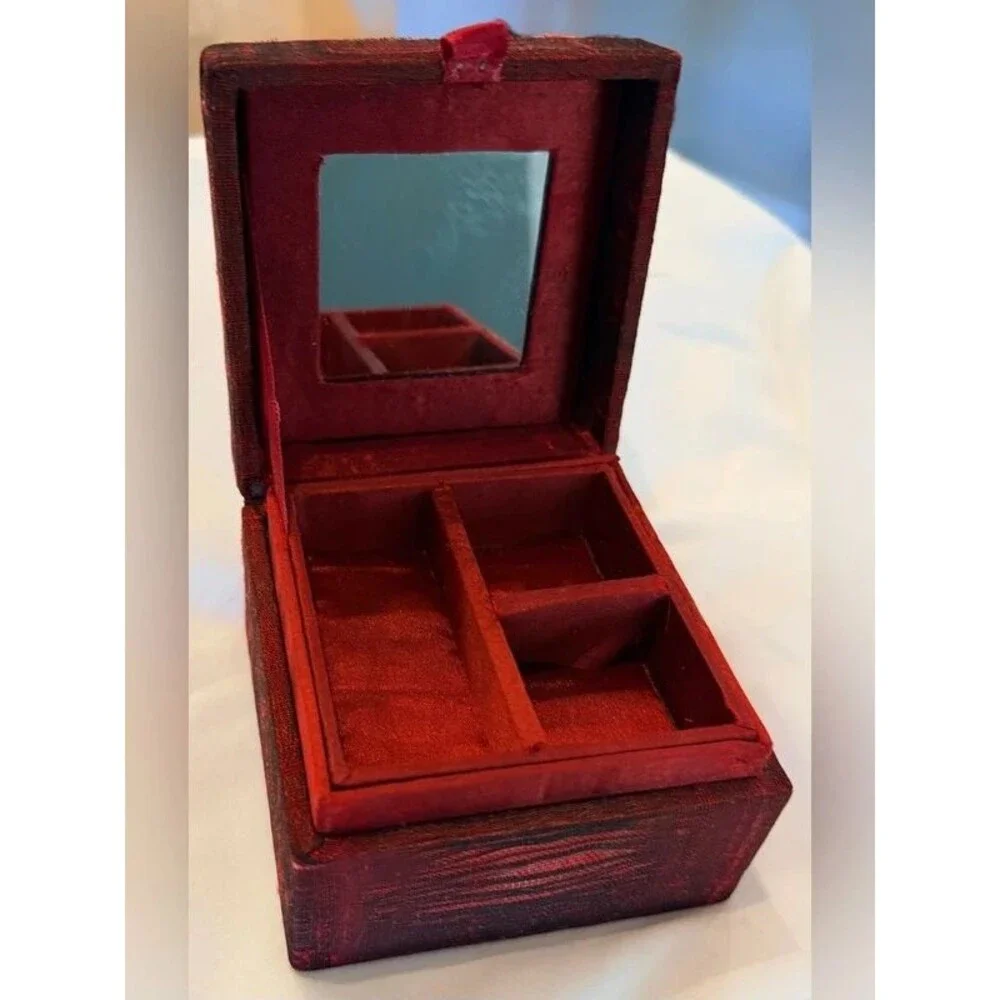 Vintage Red Beaded Wooden Jewelry Box Trinket Keepsake Box Mirror Boho Decor